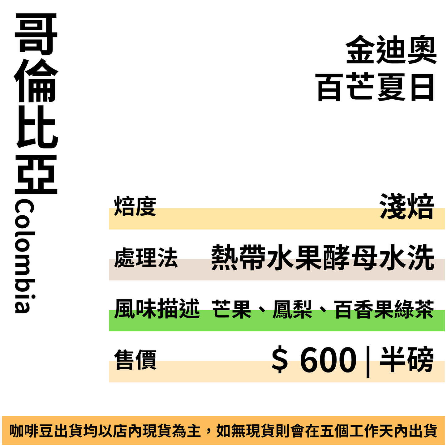 哥倫比亞 金迪奧 百芒夏日 熱帶水果酵母水洗