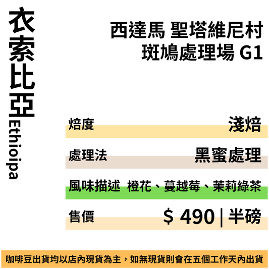 衣索比亞 西達馬 班莎鎮 聖塔維尼村 斑鳩處理廠 黑蜜處理 G1